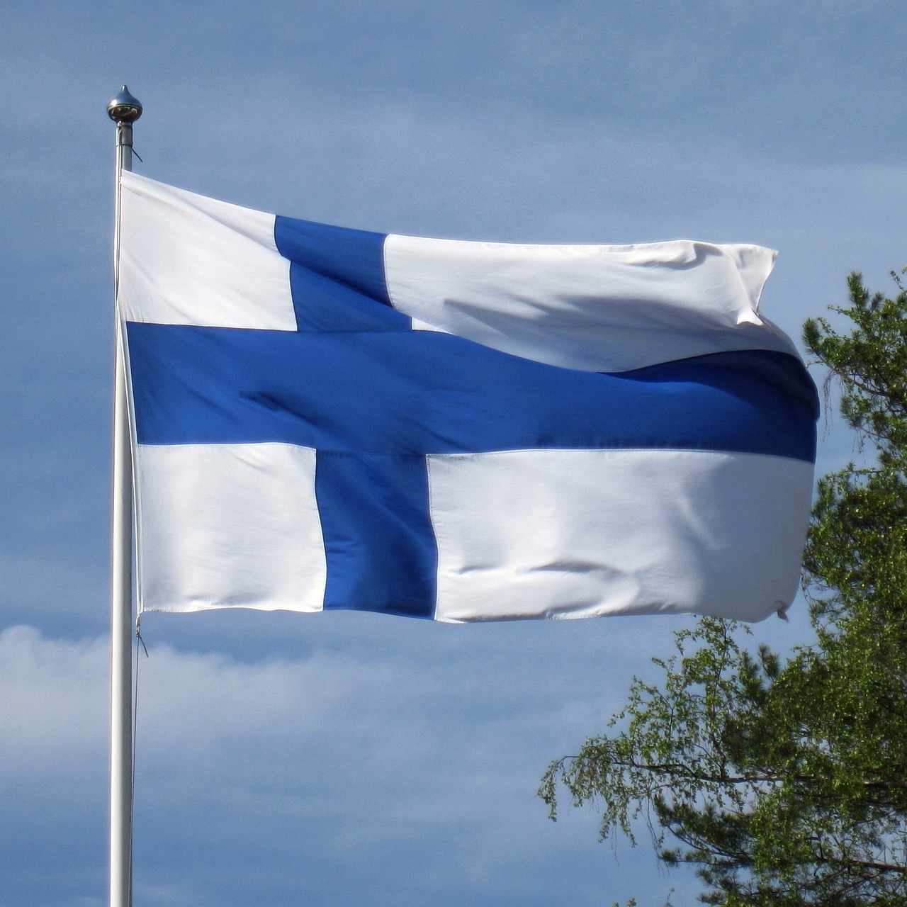 Suomen lippu liehuu tuulessa ja auringon paisteessa.