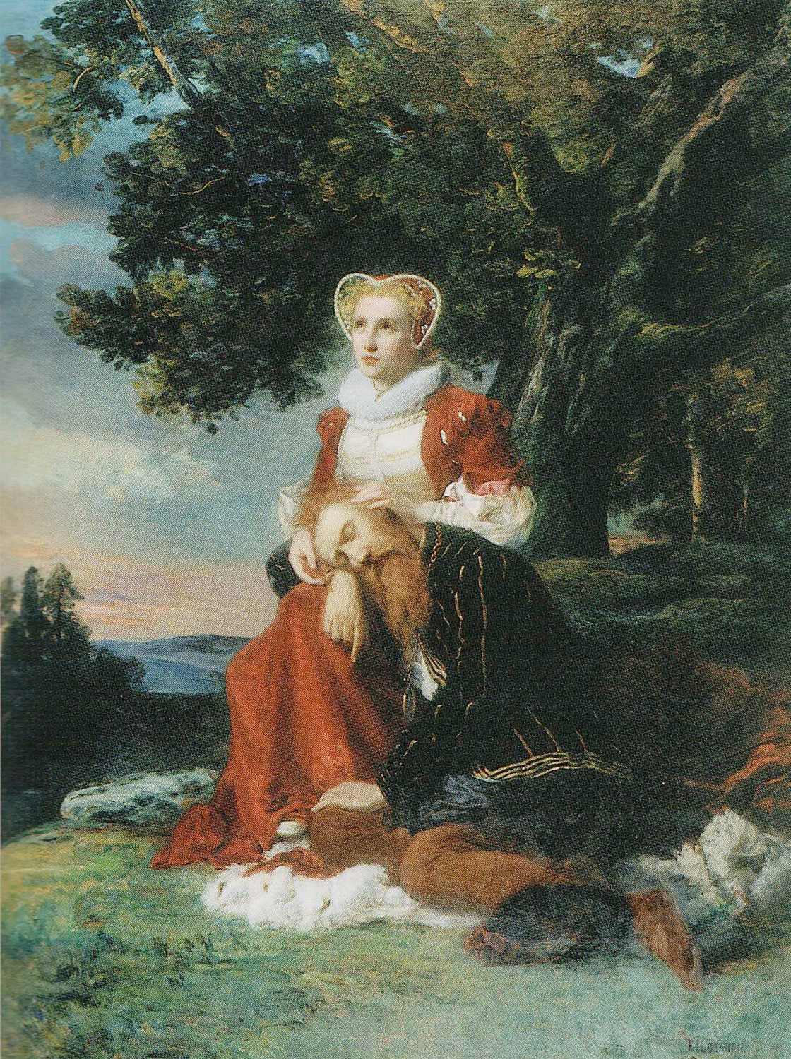 Nainen istuu puun alla punaisessa samettipuvussa, jaloissa mies, joka painanut väsyneen päänsä naisen syliin