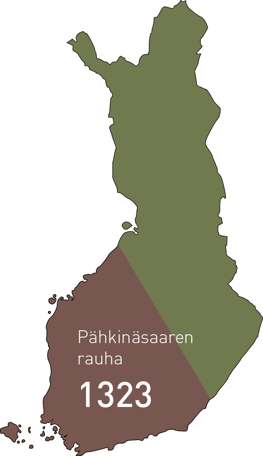 Suomen kartta, johon merkattu Pähkinäsaaren rauhan raja n. Oulun eteläpuolelta Laatokalle