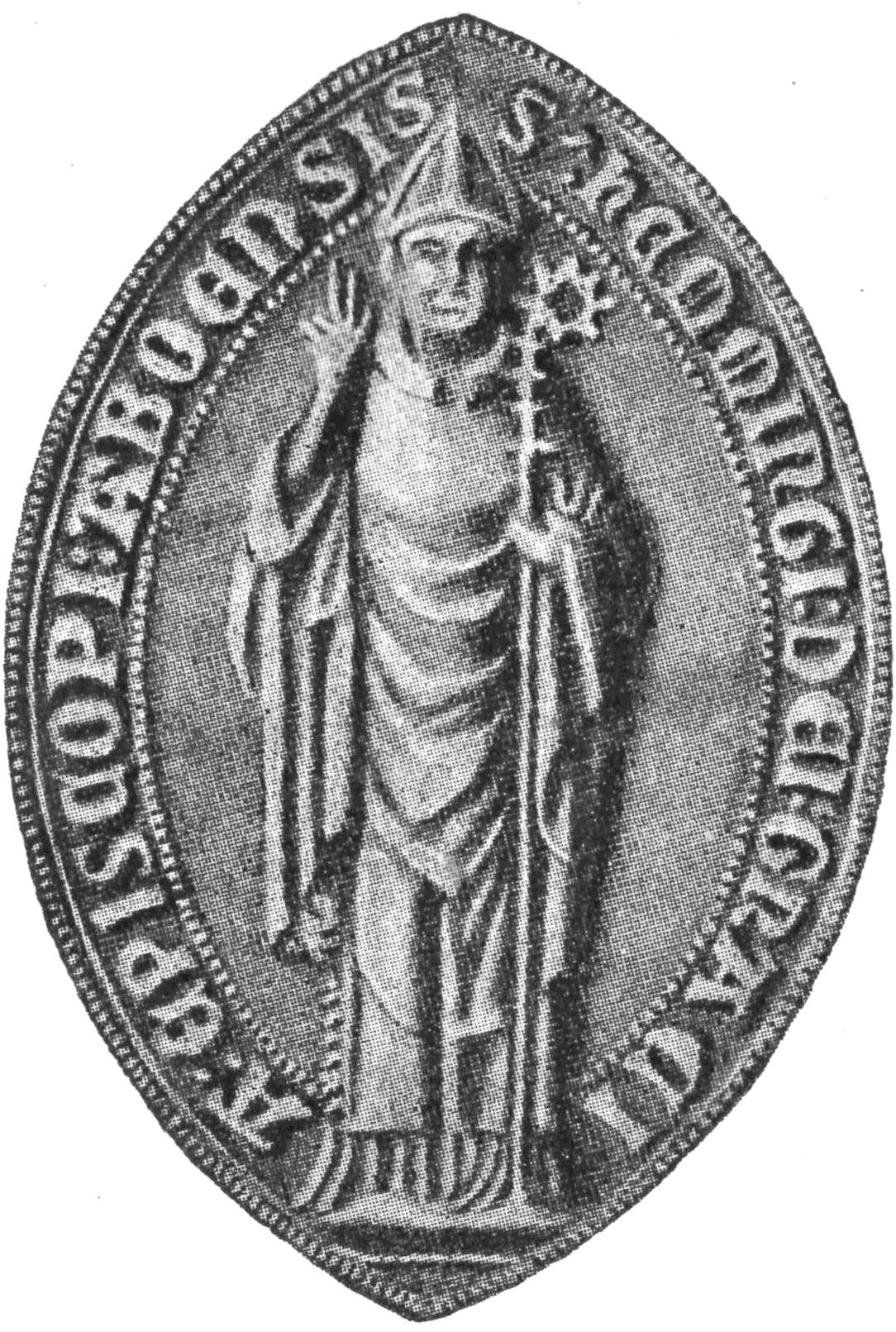 Keskiaikainen sinetti, jossa piispa Hemming seisomassa sormet siunaavassa asennossa