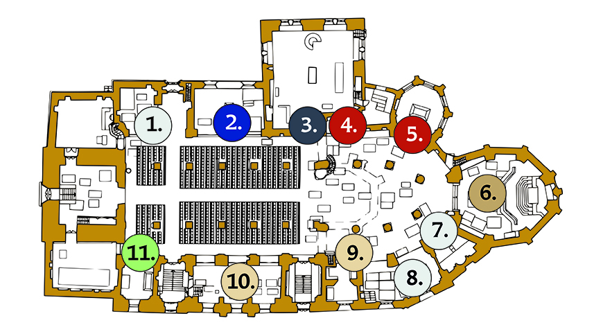 Tuomiokirkon pohjakartta, jossa numeroilla kuvattu hiljentymispaikkojen sijainti