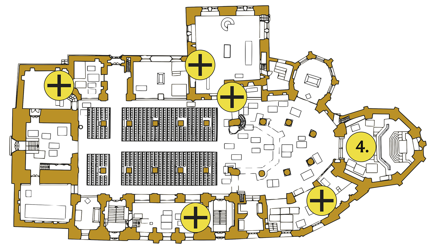 Tuomiokirkon pohjakartta, jossa keltaisilla palluroilla merkitty käytössä olevien alttarien paikat