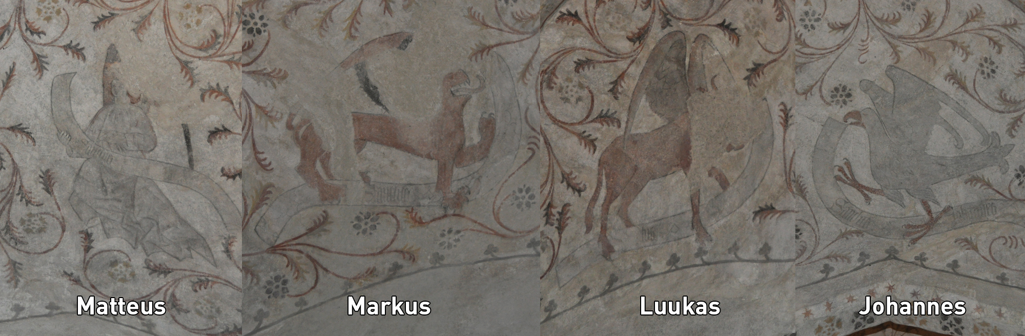 Kattomaalauksissa ihminen (Matteus), lievästi huvittavan näköinen leijona (Markus), härkä (Luukas) ja kotka (Johannes)
