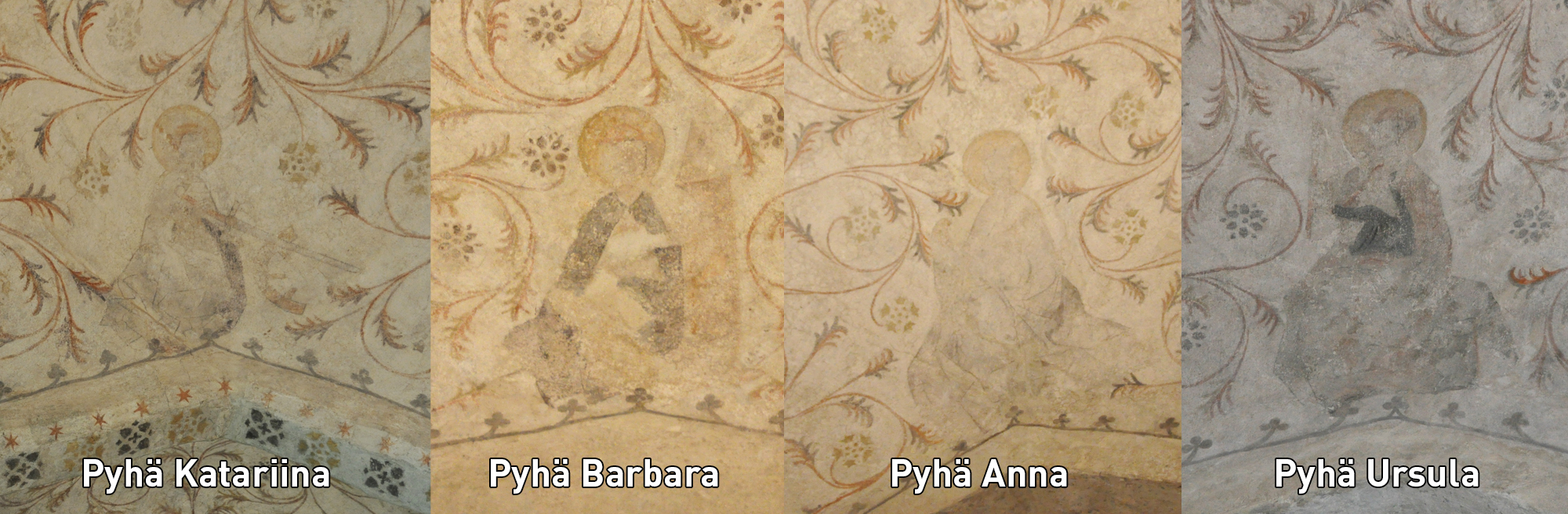 Neljän pyhimyksen kuvat kattomaalauksessa. Vasemmalta Pyhtä Katariina, Barbara, Anna ja Ursula